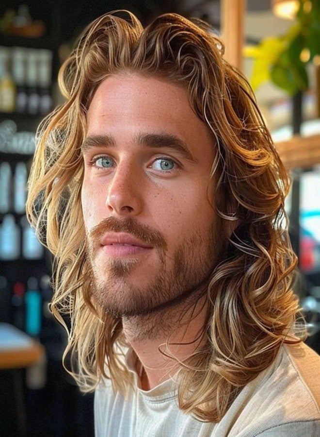 Wiwige Long Blonde Wig for Men Long Curly Wavy Wig for Males Synthetic Layered Party Halloween Cosplay Hair Wig - Image 1